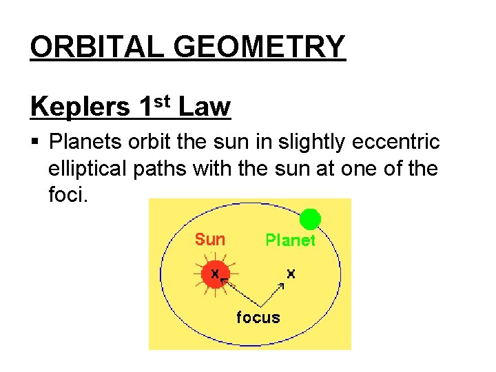 ORBITAL GEOMETRY Keplers 1 st Law § Planets orbit the sun in slightly eccentric