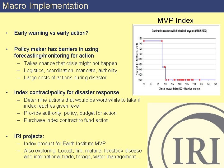 Macro Implementation MVP Index • Early warning vs early action? • Policy maker has