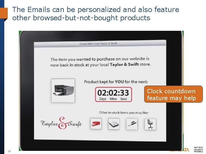 The Emails can be personalized and also feature other browsed-but-not-bought products Clock countdown feature