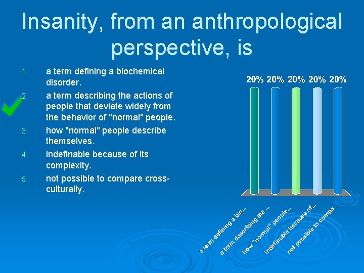 Insanity, from an anthropological perspective, is 1. 2. 3. 4. 5. a term defining