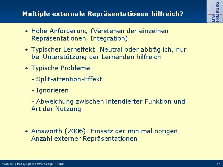 Multiple externale Repräsentationen hilfreich? • Hohe Anforderung (Verstehen der einzelnen Repräsentationen, Integration) • Typischer