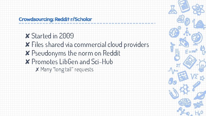 Crowdsourcing: Reddit r/Scholar ✘Started in 2009 ✘Files shared via commercial cloud providers ✘Pseudonyms the