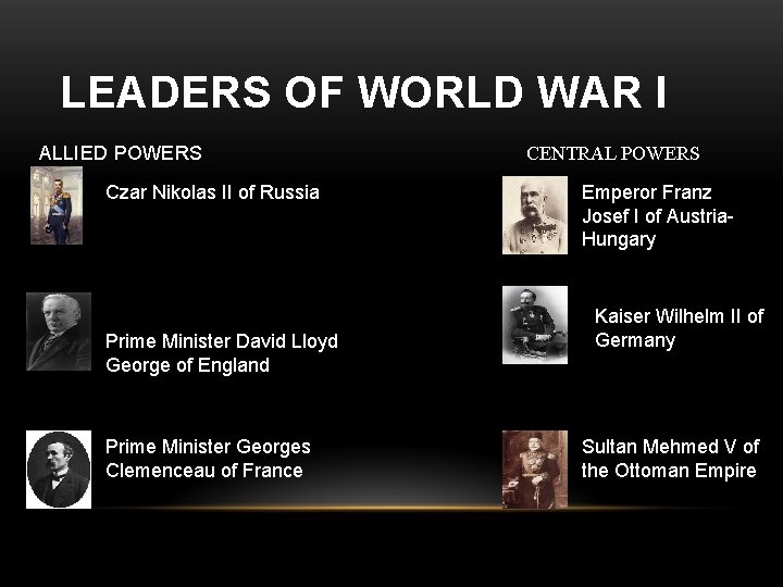 LEADERS OF WORLD WAR I ALLIED POWERS Czar Nikolas II of Russia Prime Minister