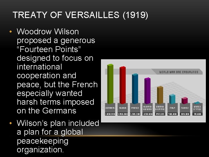TREATY OF VERSAILLES (1919) • Woodrow Wilson proposed a generous “Fourteen Points” designed to