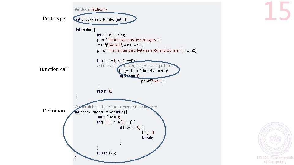 #include <stdio. h> Prototype int check. Prime. Number(int n); int main() { Function call