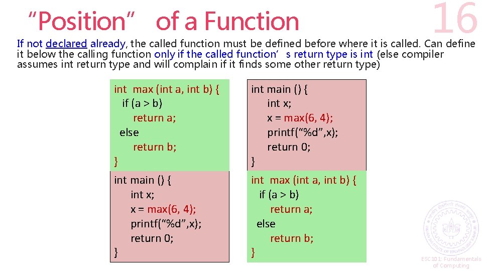 “Position” of a Function 16 If not declared already, the called function must be