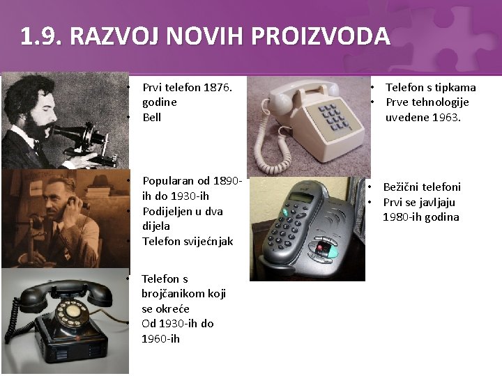 1. 9. RAZVOJ NOVIH PROIZVODA • Prvi telefon 1876. godine • Bell • Telefon