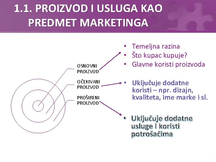 1. 1. PROIZVOD I USLUGA KAO PREDMET MARKETINGA OSNOVNI PROIZVOD OČEKIVANI PROIZVOD PROŠIRENI PROIZVOD