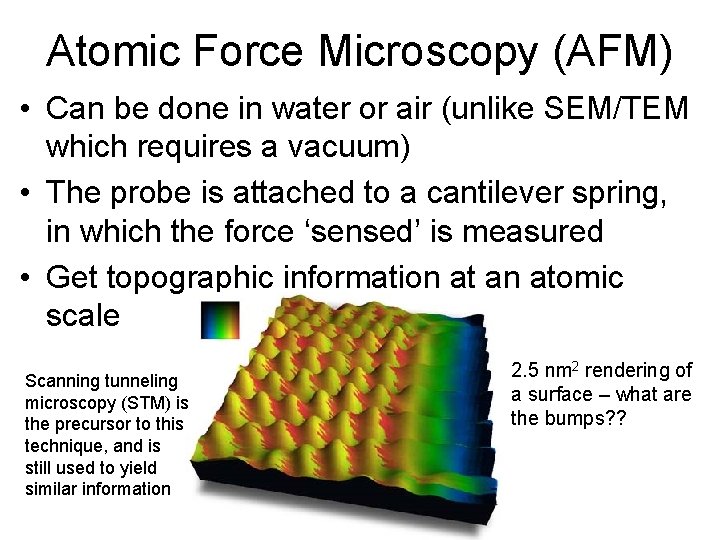 Atomic Force Microscopy (AFM) • Can be done in water or air (unlike SEM/TEM
