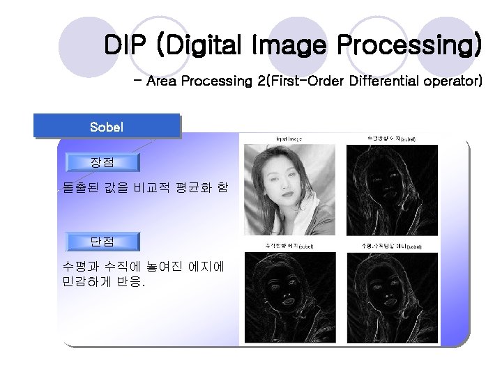 DIP (Digital Image Processing) - Area Processing 2(First-Order Differential operator) Sobel 장점 돌출된 값을