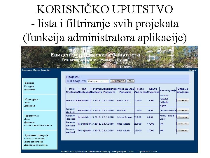 KORISNIČKO UPUTSTVO - lista i filtriranje svih projekata (funkcija administratora aplikacije) 