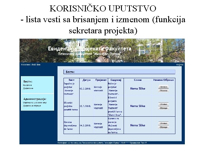 KORISNIČKO UPUTSTVO - lista vesti sa brisanjem i izmenom (funkcija sekretara projekta) 