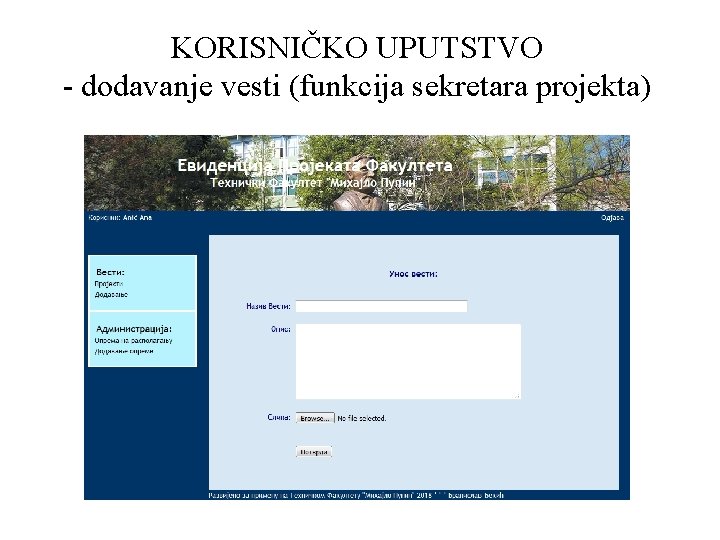 KORISNIČKO UPUTSTVO - dodavanje vesti (funkcija sekretara projekta) 