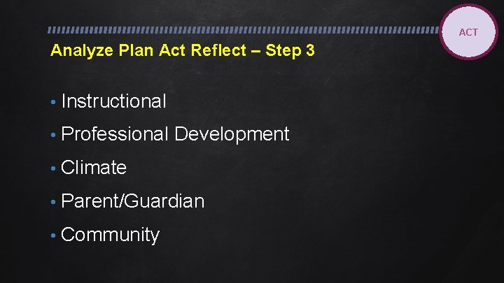 ACT Analyze Plan Act Reflect – Step 3 • Instructional • Professional Development •