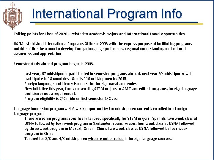 International Program Info Talking points for Class of 2020 – related to academic majors