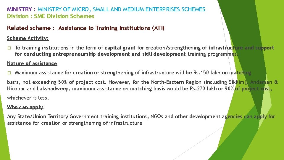 MINISTRY : MINISTRY OF MICRO, SMALL AND MEDIUM ENTERPRISES SCHEMES Division : SME Division