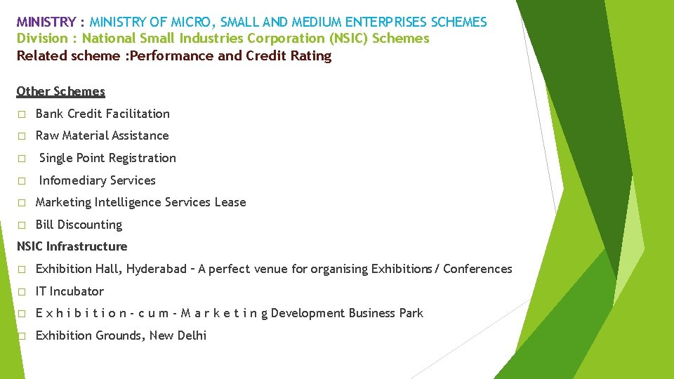 MINISTRY : MINISTRY OF MICRO, SMALL AND MEDIUM ENTERPRISES SCHEMES Division : National Small