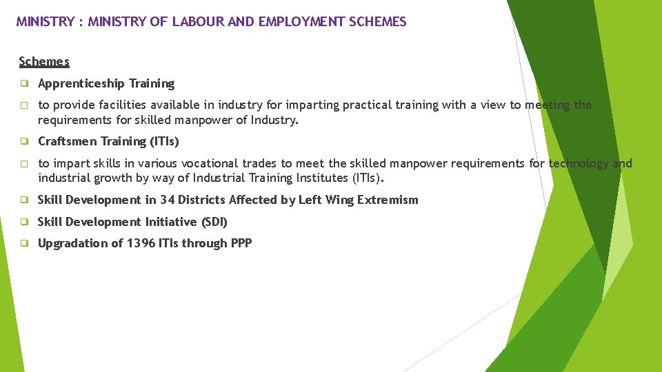 MINISTRY : MINISTRY OF LABOUR AND EMPLOYMENT SCHEMES Schemes ❑ Apprenticeship Training � to