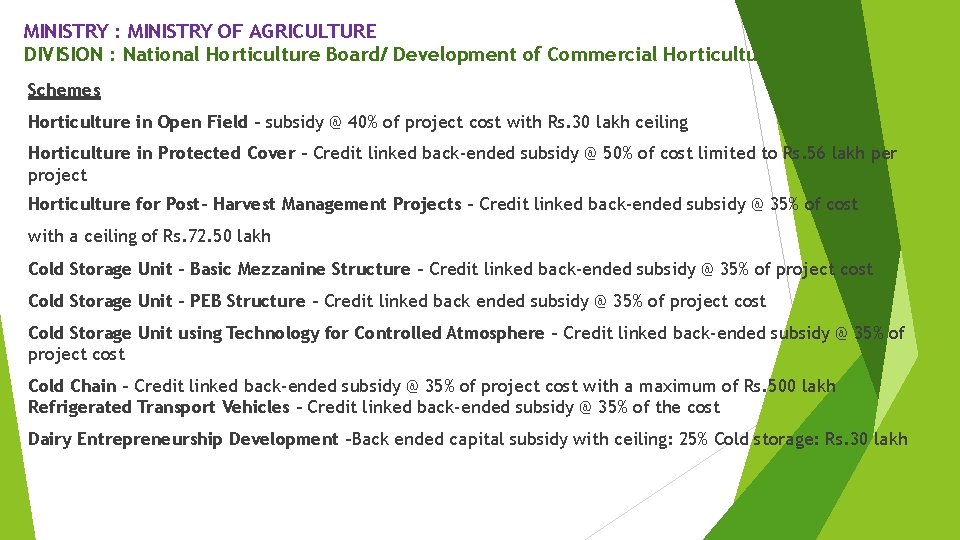 MINISTRY : MINISTRY OF AGRICULTURE DIVISION : National Horticulture Board/ Development of Commercial Horticulture