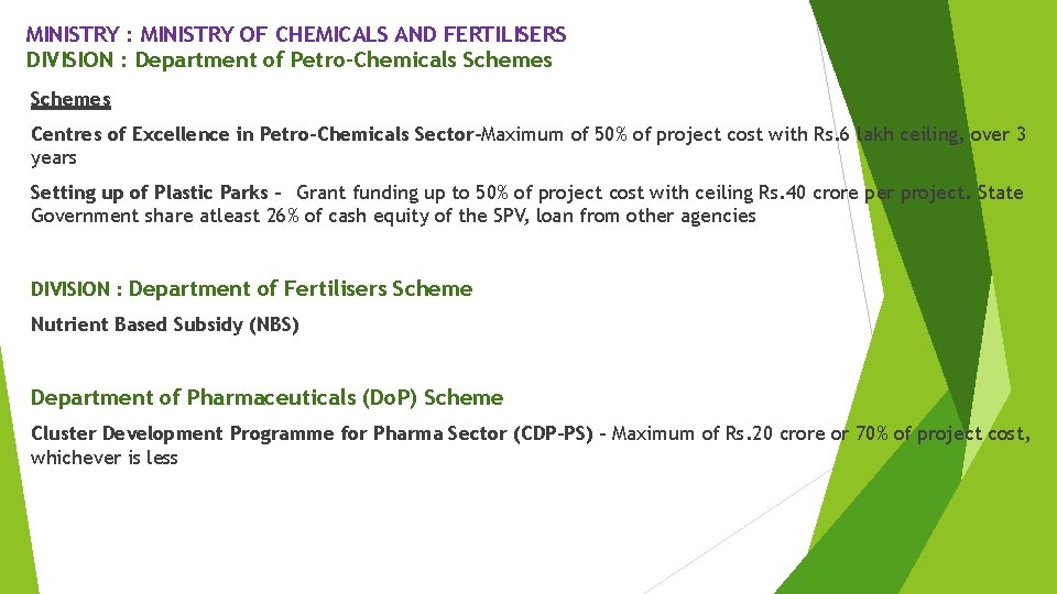 MINISTRY : MINISTRY OF CHEMICALS AND FERTILISERS DIVISION : Department of Petro-Chemicals Schemes Centres