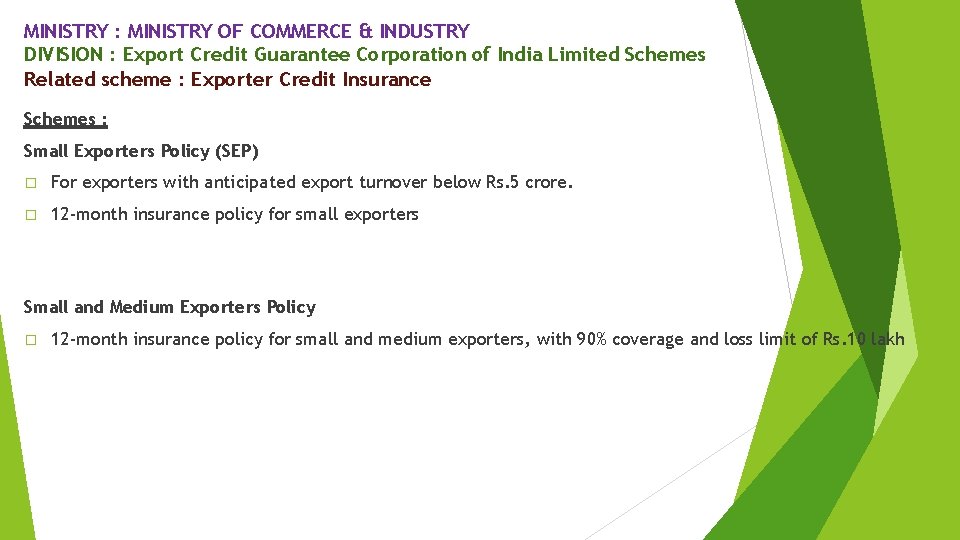 MINISTRY : MINISTRY OF COMMERCE & INDUSTRY DIVISION : Export Credit Guarantee Corporation of