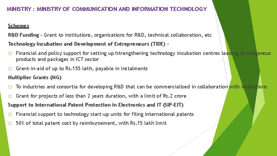 MINISTRY : MINISTRY OF COMMUNICATION AND INFORMATION TECHNOLOGY Schemes R&D Funding - Grant to