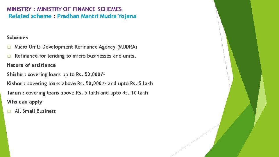 MINISTRY : MINISTRY OF FINANCE SCHEMES Related scheme : Pradhan Mantri Mudra Yojana Schemes