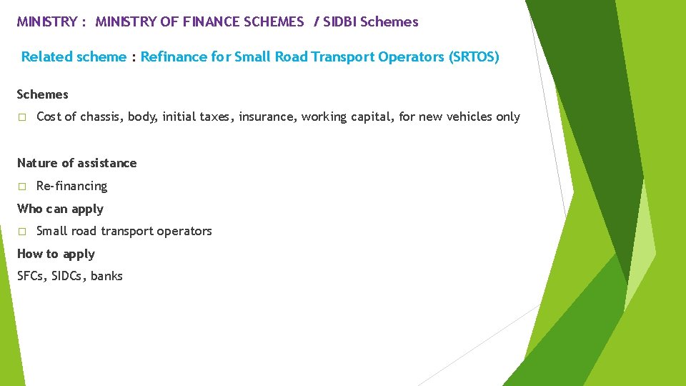 MINISTRY : MINISTRY OF FINANCE SCHEMES / SIDBI Schemes Related scheme : Refinance for