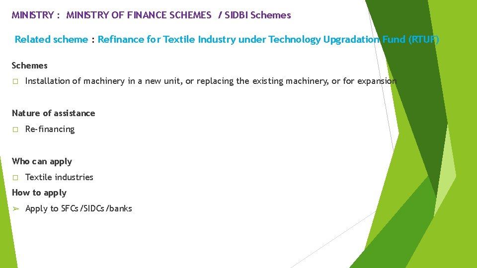MINISTRY : MINISTRY OF FINANCE SCHEMES / SIDBI Schemes Related scheme : Refinance for
