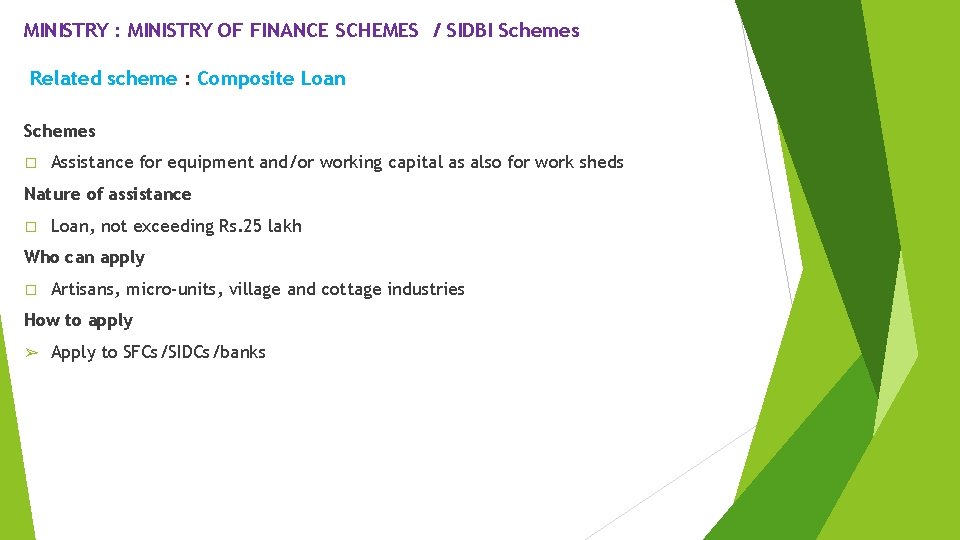 MINISTRY : MINISTRY OF FINANCE SCHEMES / SIDBI Schemes Related scheme : Composite Loan