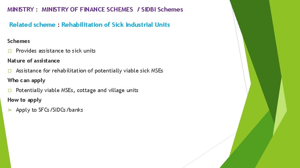 MINISTRY : MINISTRY OF FINANCE SCHEMES / SIDBI Schemes Related scheme : Rehabilitation of