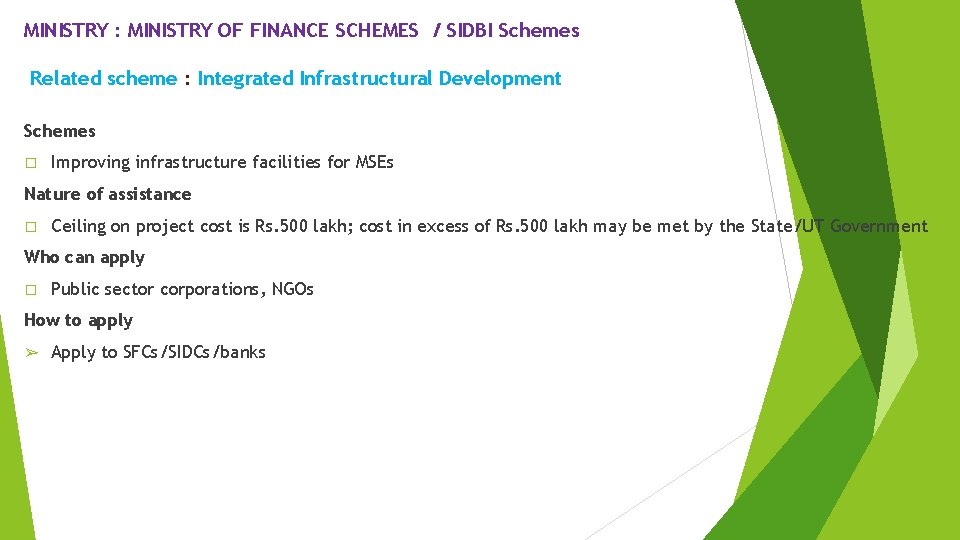 MINISTRY : MINISTRY OF FINANCE SCHEMES / SIDBI Schemes Related scheme : Integrated Infrastructural