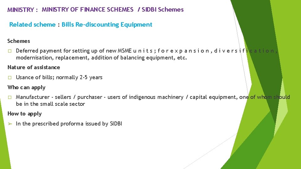 MINISTRY : MINISTRY OF FINANCE SCHEMES / SIDBI Schemes Related scheme : Bills Re-discounting