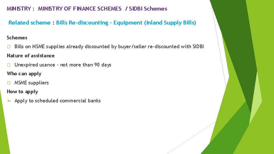 MINISTRY : MINISTRY OF FINANCE SCHEMES / SIDBI Schemes Related scheme : Bills Re-discounting