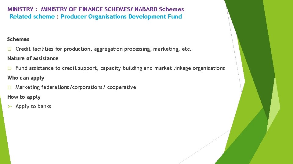 MINISTRY : MINISTRY OF FINANCE SCHEMES/ NABARD Schemes Related scheme : Producer Organisations Development