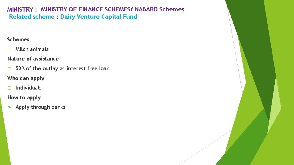 MINISTRY : MINISTRY OF FINANCE SCHEMES/ NABARD Schemes Related scheme : Dairy Venture Capital