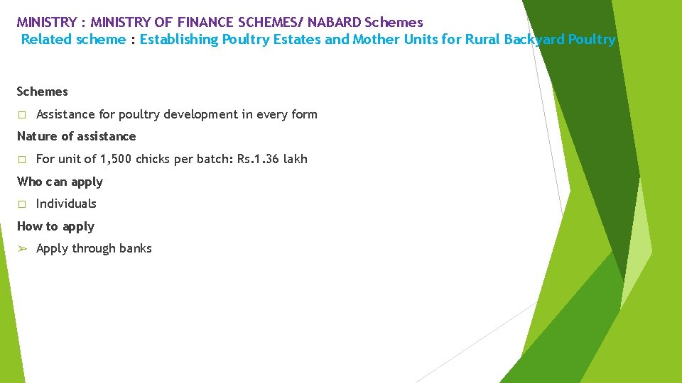 MINISTRY : MINISTRY OF FINANCE SCHEMES/ NABARD Schemes Related scheme : Establishing Poultry Estates