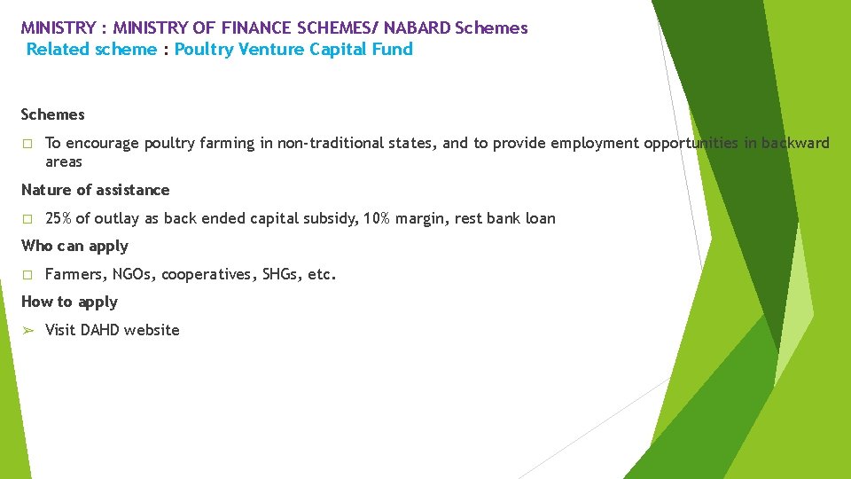 MINISTRY : MINISTRY OF FINANCE SCHEMES/ NABARD Schemes Related scheme : Poultry Venture Capital