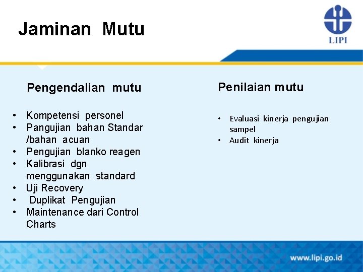 Jaminan Mutu Pengendalian mutu • Kompetensi personel • Pangujian bahan Standar /bahan acuan •
