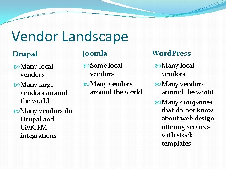 Vendor Landscape Drupal Joomla Many local vendors Many large vendors around the world Many