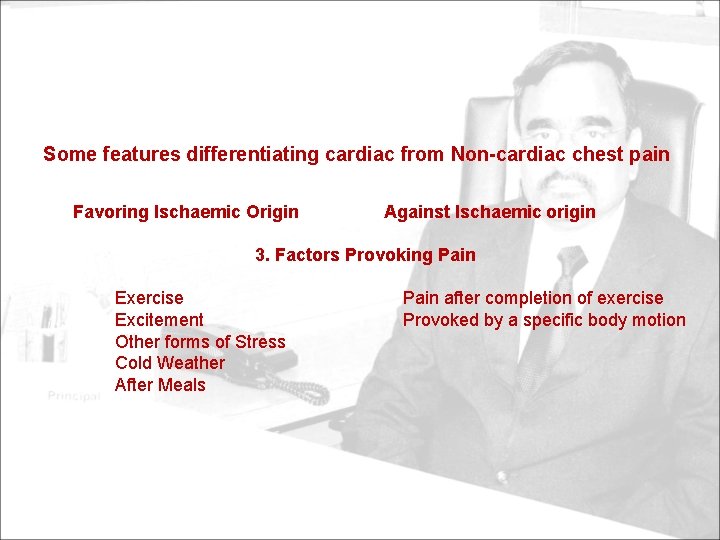 Some features differentiating cardiac from Non-cardiac chest pain Favoring Ischaemic Origin Against Ischaemic origin