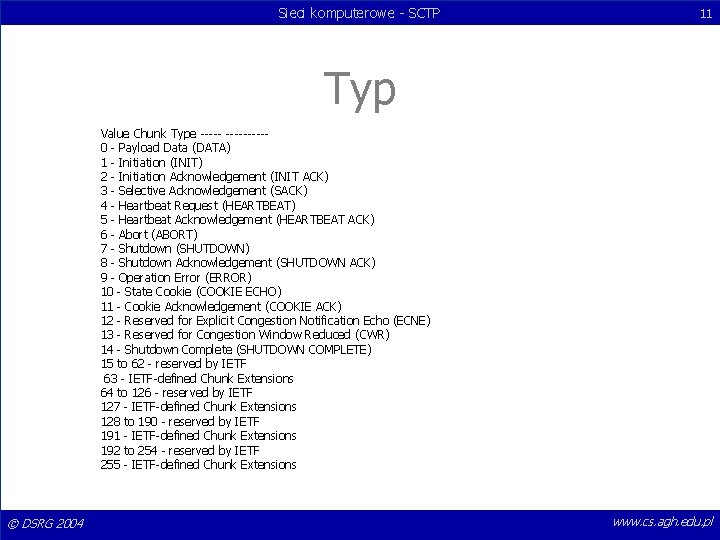 Sieci komputerowe - SCTP 11 Typ Value Chunk Type ---------0 - Payload Data (DATA)
