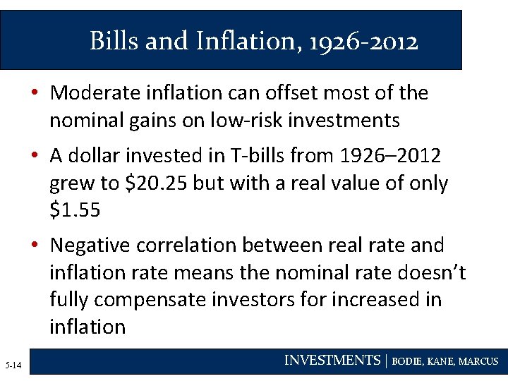 Bills and Inflation, 1926 -2012 • Moderate inflation can offset most of the nominal