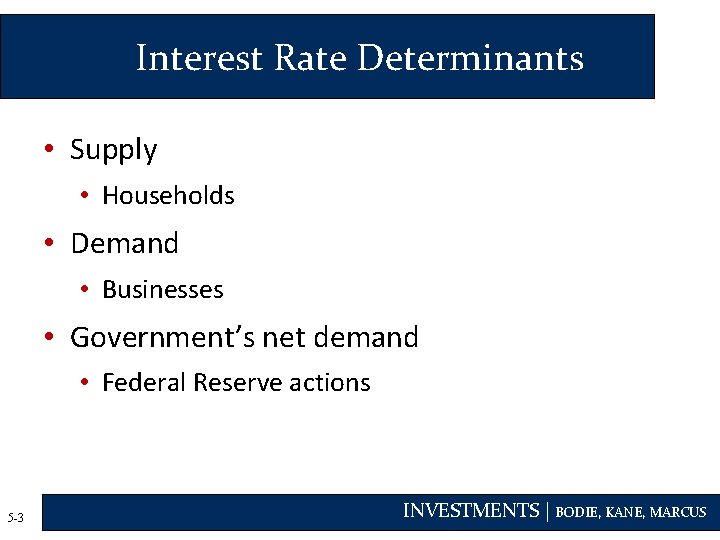 Interest Rate Determinants • Supply • Households • Demand • Businesses • Government’s net