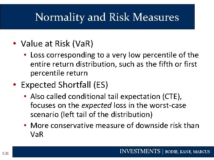 Normality and Risk Measures • Value at Risk (Va. R) • Loss corresponding to