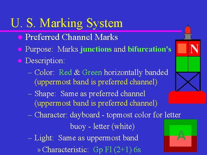 U. S. Marking System l Preferred Channel Marks l Purpose: Marks junctions and bifurcation's