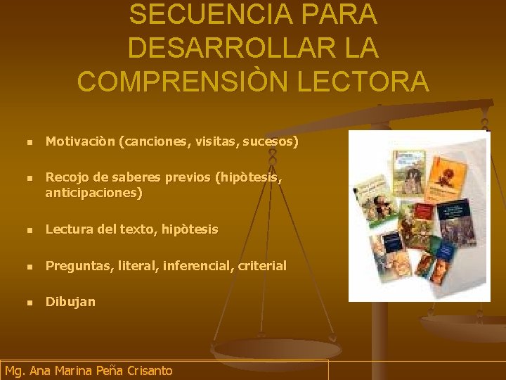 SECUENCIA PARA DESARROLLAR LA COMPRENSIÒN LECTORA n n Motivaciòn (canciones, visitas, sucesos) Recojo de