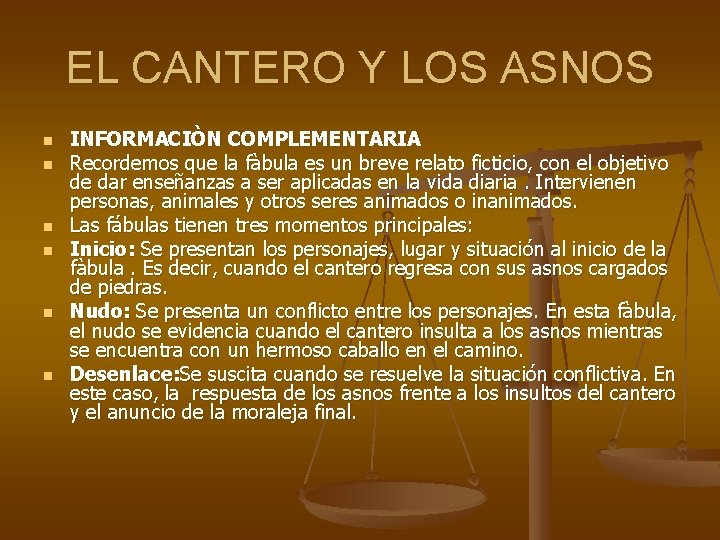 EL CANTERO Y LOS ASNOS n n n INFORMACIÒN COMPLEMENTARIA Recordemos que la fàbula EL CANTERO Y LOS ASNOS n n n INFORMACIÒN COMPLEMENTARIA Recordemos que la fàbula