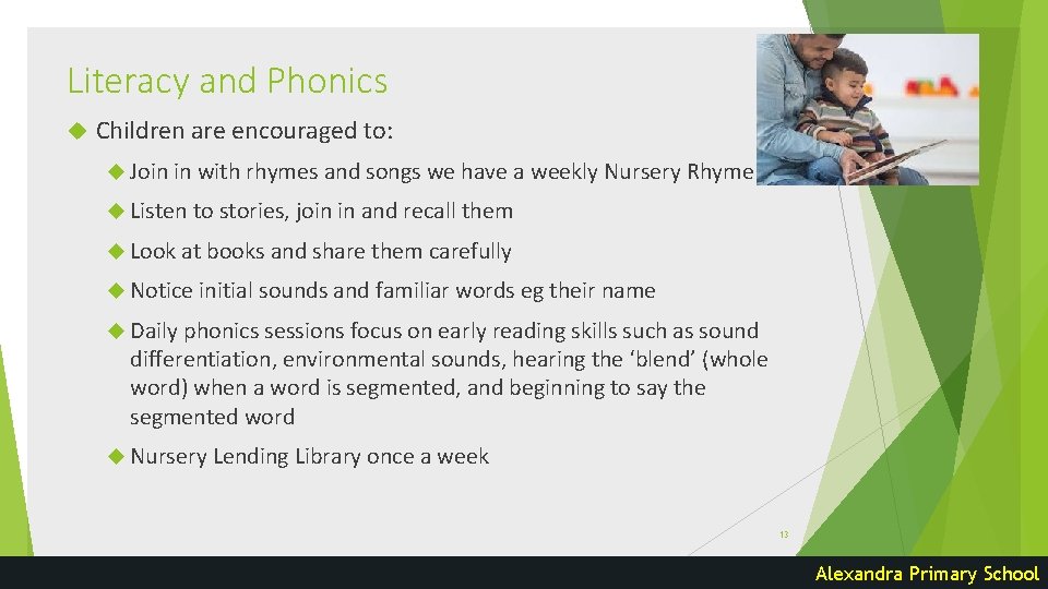 Literacy and Phonics Children are encouraged to: Join in with rhymes and songs we