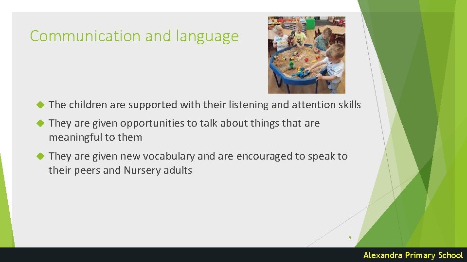 Communication and language The children are supported with their listening and attention skills They